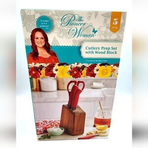 The Pioneer Woman Stainless Steel Knife Wood Block Cutlery Prep Set 5p Retro Red